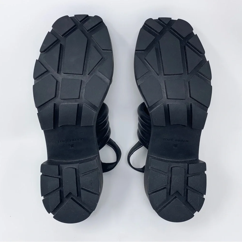 NEW Tory Burch Lug Sole Heeled Sandals (Sz 9) Quilted Leather Slingback Black - Picture 9 of 13